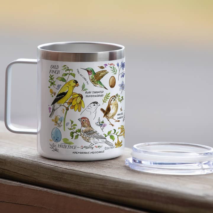 CounterArt/Highland Home/Thirstystone/CoasterStone - Wholesale Coffee/tea cup - "Drawn To Birds" Stainless Steel Mug w/Lid 12 oz.1