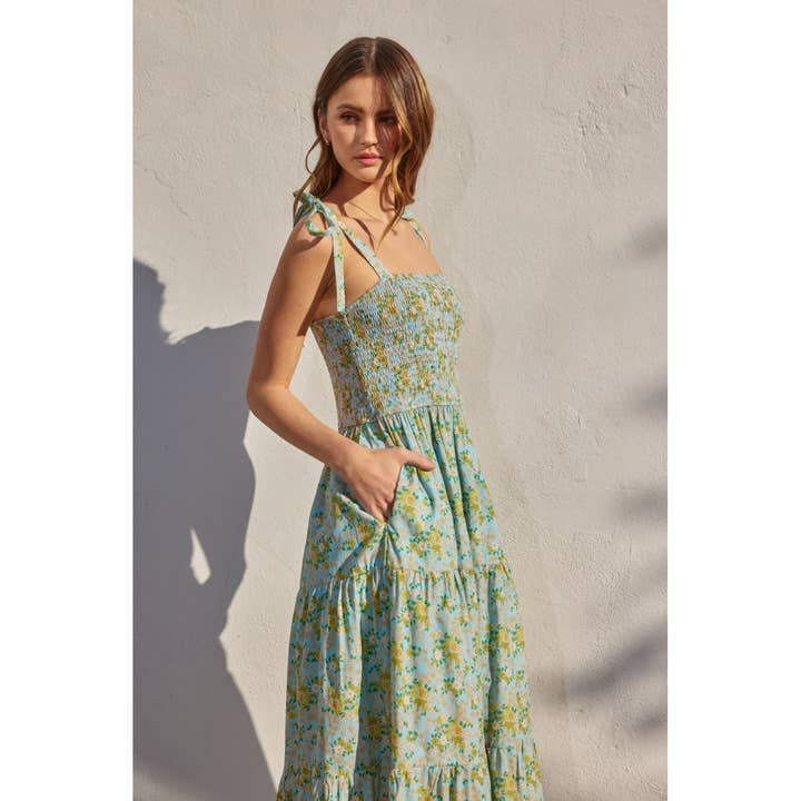 DAISY BLUE Pleasing Smocked Top Tiered Midi Dress for wholesale on Faire