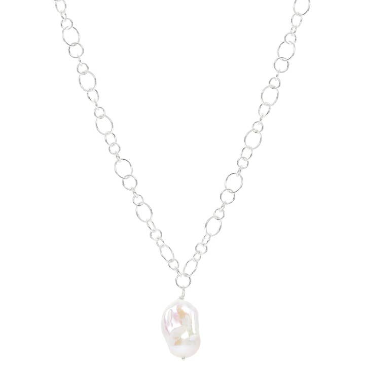 Silver chain necklace with baroque cultured freshwater pearl for wholesale by Pearls of the Orient