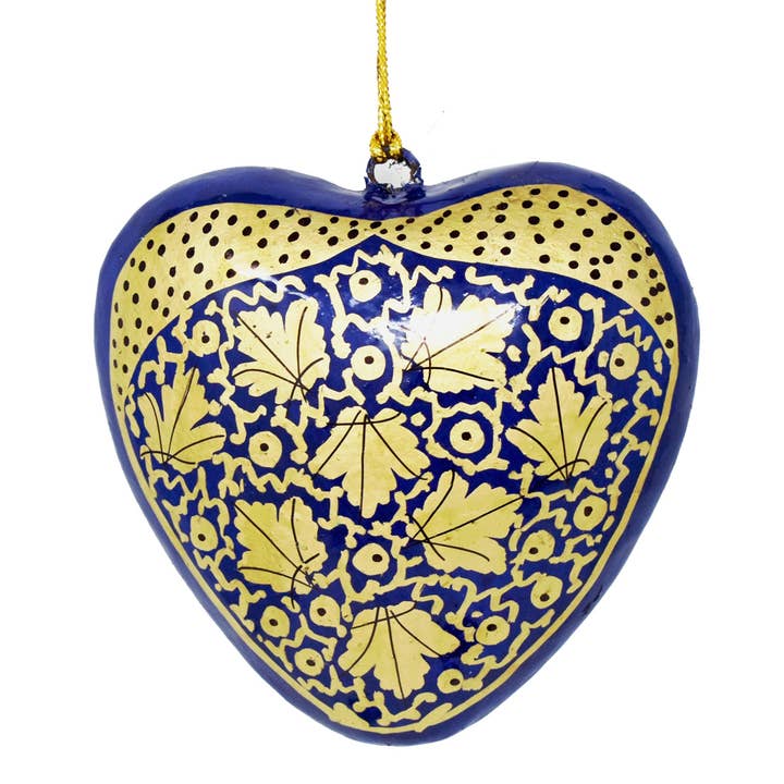 Fair to Trade Ltd - Wholesale Ornament Set - Hand painted papier-mâché Blue Christmas heart baubles1