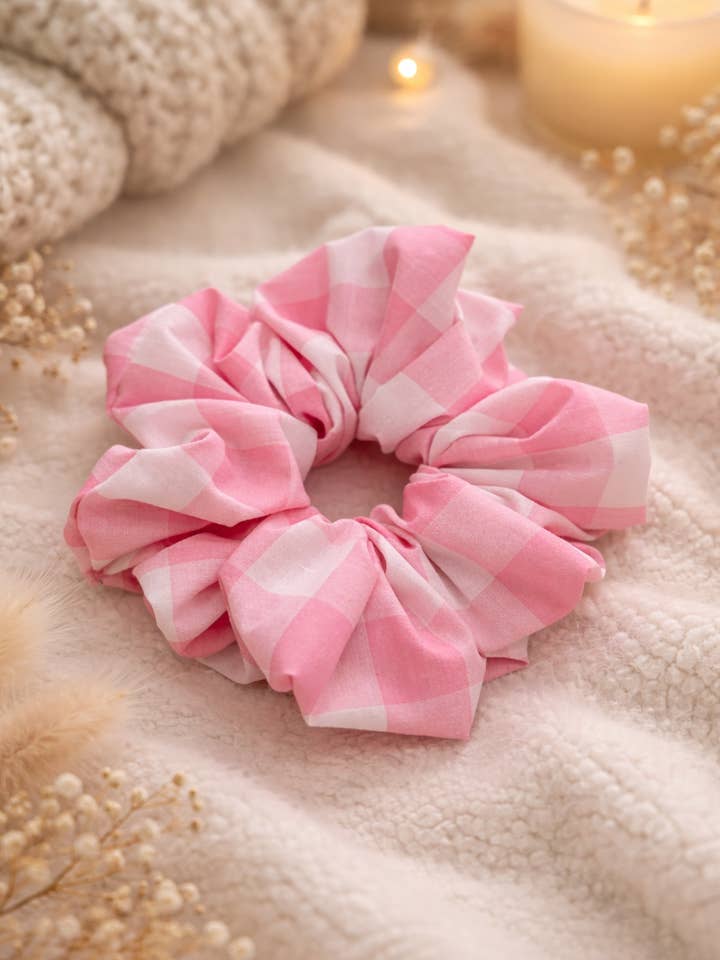 Pink Gingham Cotton XXL Scrunchie for wholesale by Tasha’s Workshop