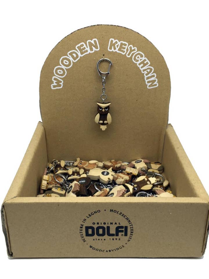 36 træ-nøgleringe med ugle for engroshandel hos Dolfi