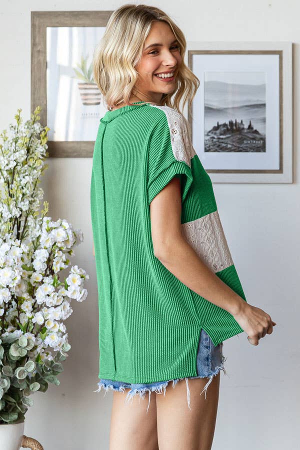 7th Ray - Vente Haut en maille – femme - Haut à manches courtes avec contraste en dentelle côtelée T58636