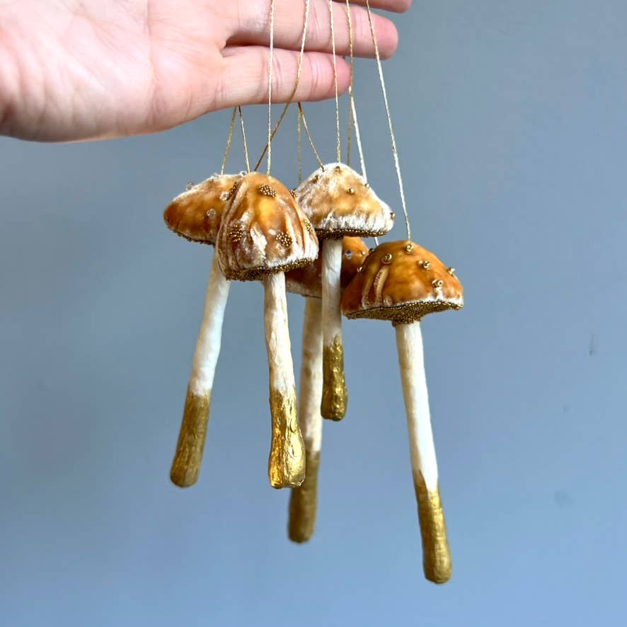 Wonder Objects – wholesale Ornament – Yellow Velvet Mushroom Ornaments with Crystals and Beads5