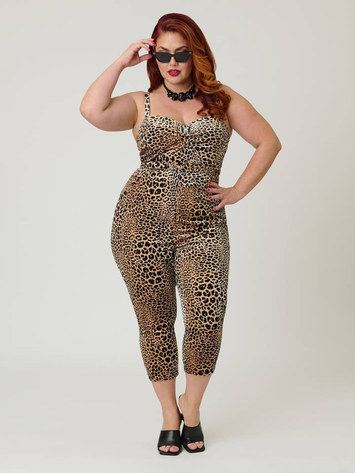 Elvira x Unique Vintage Plus Size Leopard Print & Skull Pin Belted Velvet Jumpsuit for wholesale by Unique Vintage