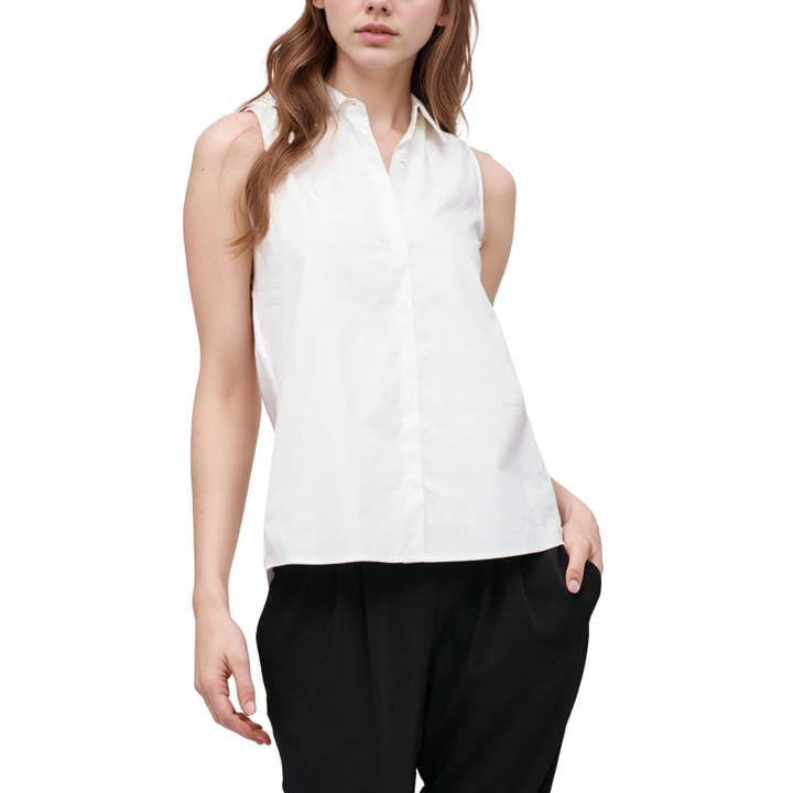 Robin K - Wholesale Button Down Shirt - Women's - Ro & De Basic Sleeveless Poplin Shirt In White1