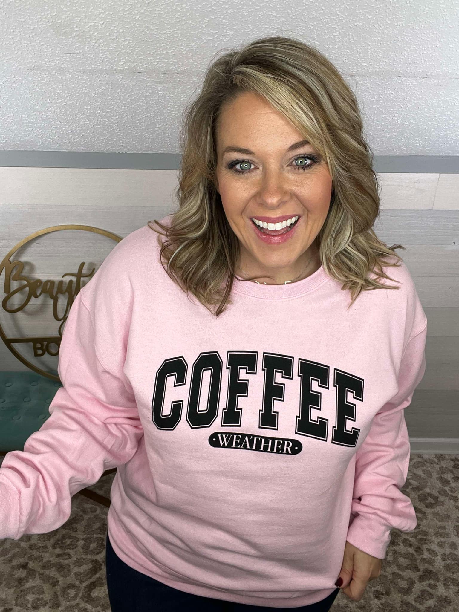 Fox and Owl Apparel-Graphic Tee's - Wholesale Graphic Sweatshirt - Women's - Coffee Weather Pink Spring Graphic Sweatshirt Free Ship2