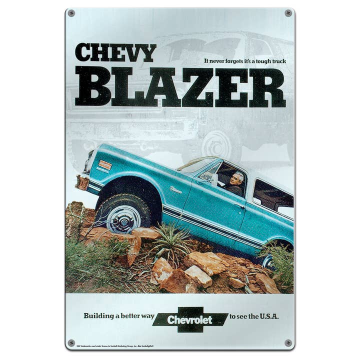 Chevy Blazer 12"x18" Metal Wall Decor – Vintage Muscle Car Premium Aluminum Wall Art, Classic Muscle Car Decor for Garage, Man Cave, Bar, or Home for wholesale by Sunbeltgifts | Licensed Home Wall Decor