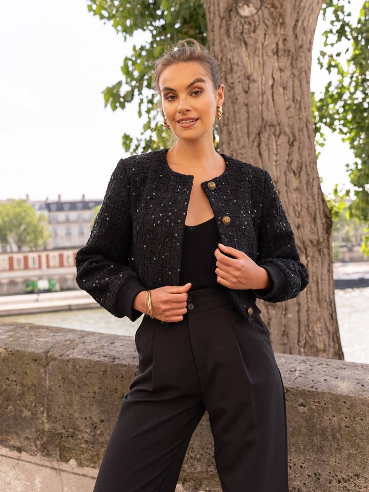 Tweed cropped sequin crew neck jacket for wholesale by Attentif Paris