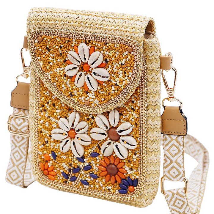 Orange Cowry Daisy Bohemian Artisan Beaded Crossbody Bag for wholesale on Faire