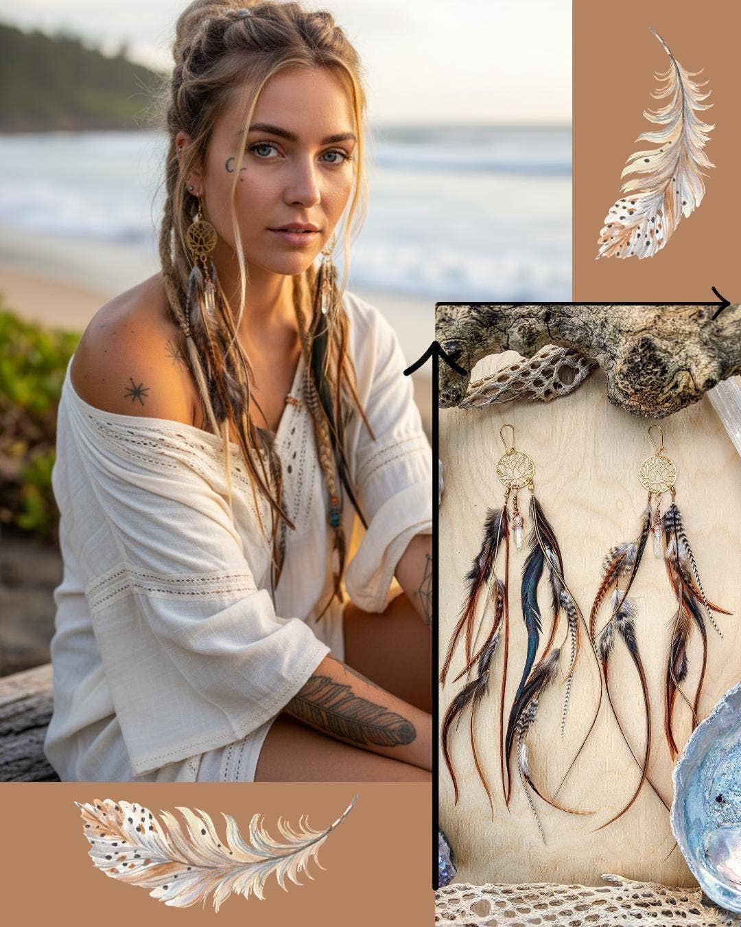 Sea Gypsy Designs - Wholesale Dangle earrings - Sacred Lotus Feather Earrings with Rainbow Aura Quartz