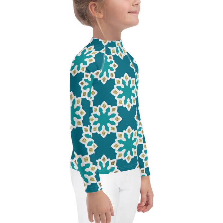 The Shamal - Wholesale Rashguard - Kinderen - Rash Guard voor kinderen, 2T tot 7 jaar - Arabesque-bloemen in aqua en goud2