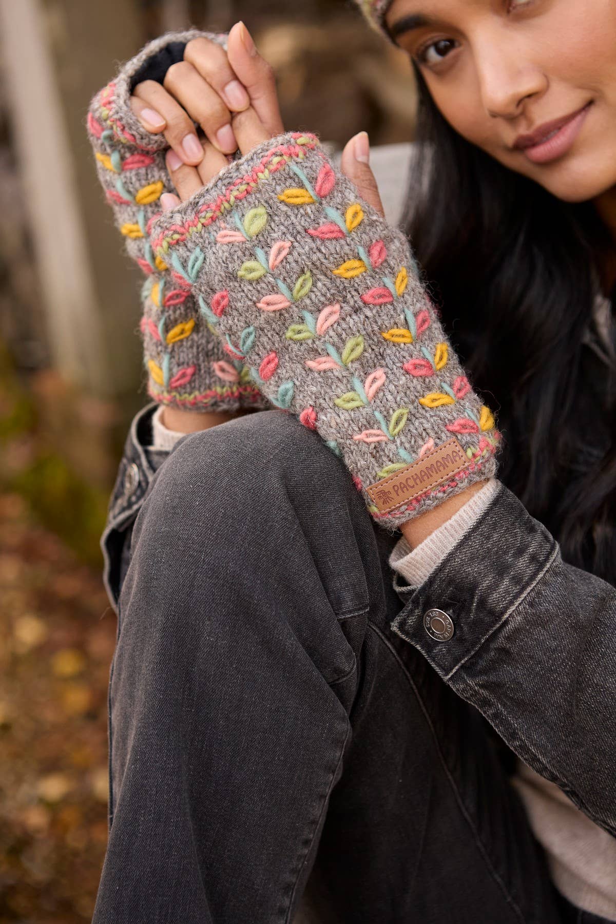 Kylemore Embroidered Leaf Wool Knit Fingerless Gloves Grey for wholesale on Faire1