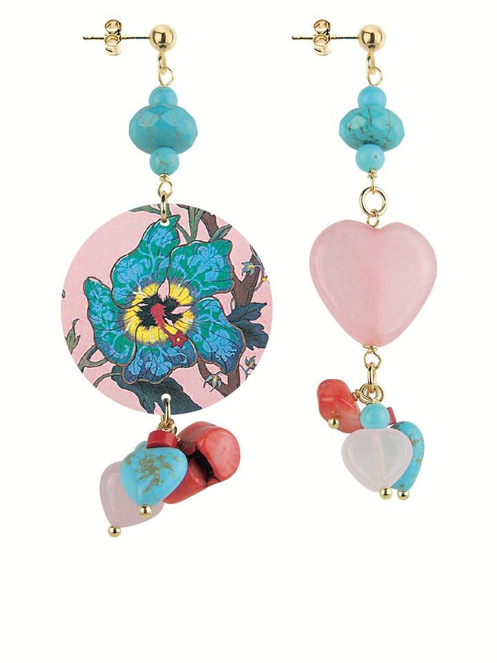 Women's earrings with a light blue flower and pink heart made in Italy for wholesale by Lebole Maison
