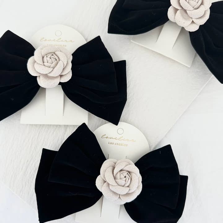 LoveLina - Wholesale Hair Clip - Women's - Velvet Bow Hair Clip with Elegant Camellia - FOMI