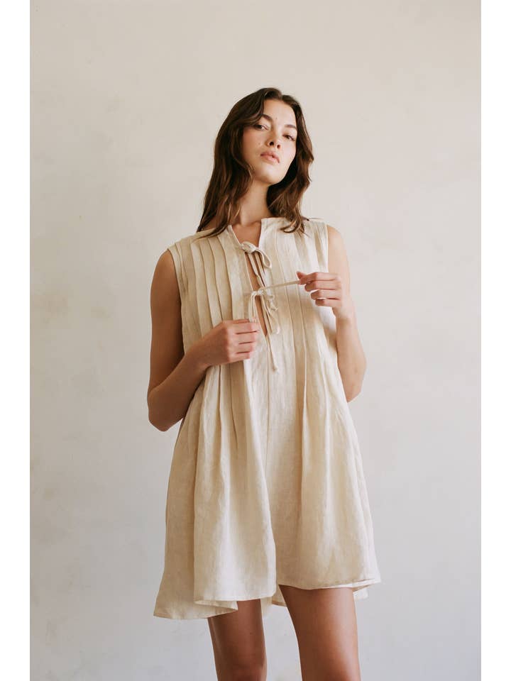 Beige AR1175 | Woven Linen Pleated Sleeveless Flare Mini Dress for wholesale on Faire
