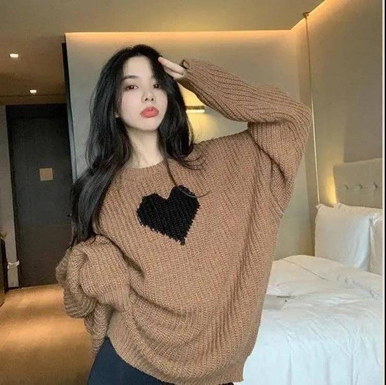 Brown Casual Outer Wear Love Loose Sweater Women Round Neck Pullover Knit Top for wholesale on Faire4