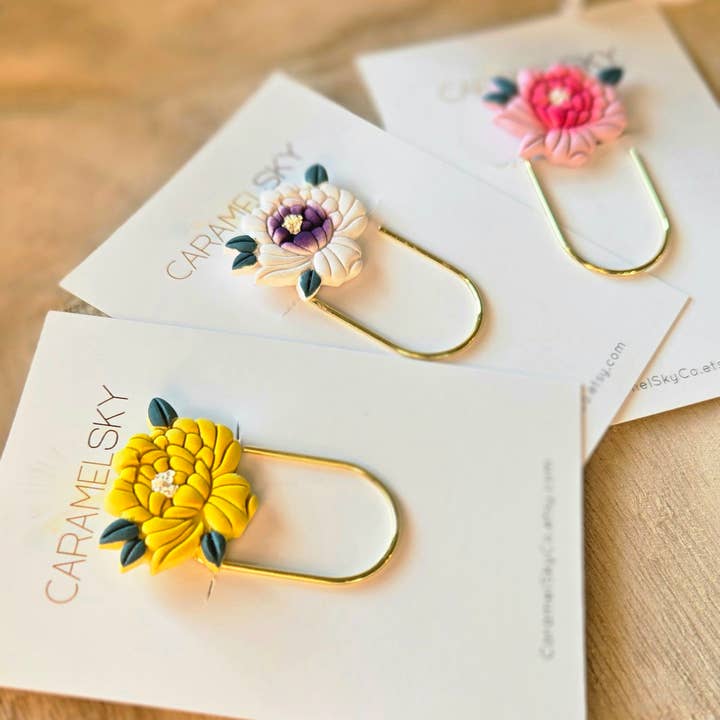 Caramel Sky - Wholesale Bookmark - Handmade Peony Flower Paperclip Bookmark, Clay Bookmark
