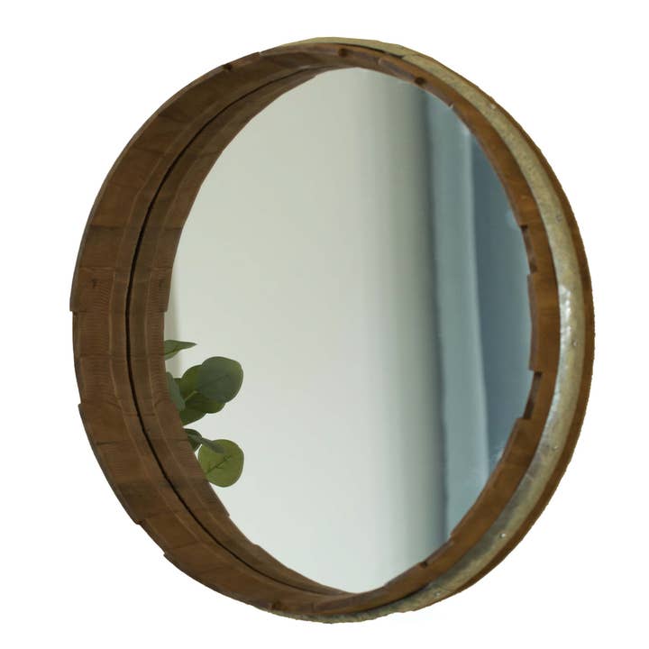 Round Rustic Wood and Galvanized Metal Framed Wine Barrel Sh for wholesale by Quickway Imports