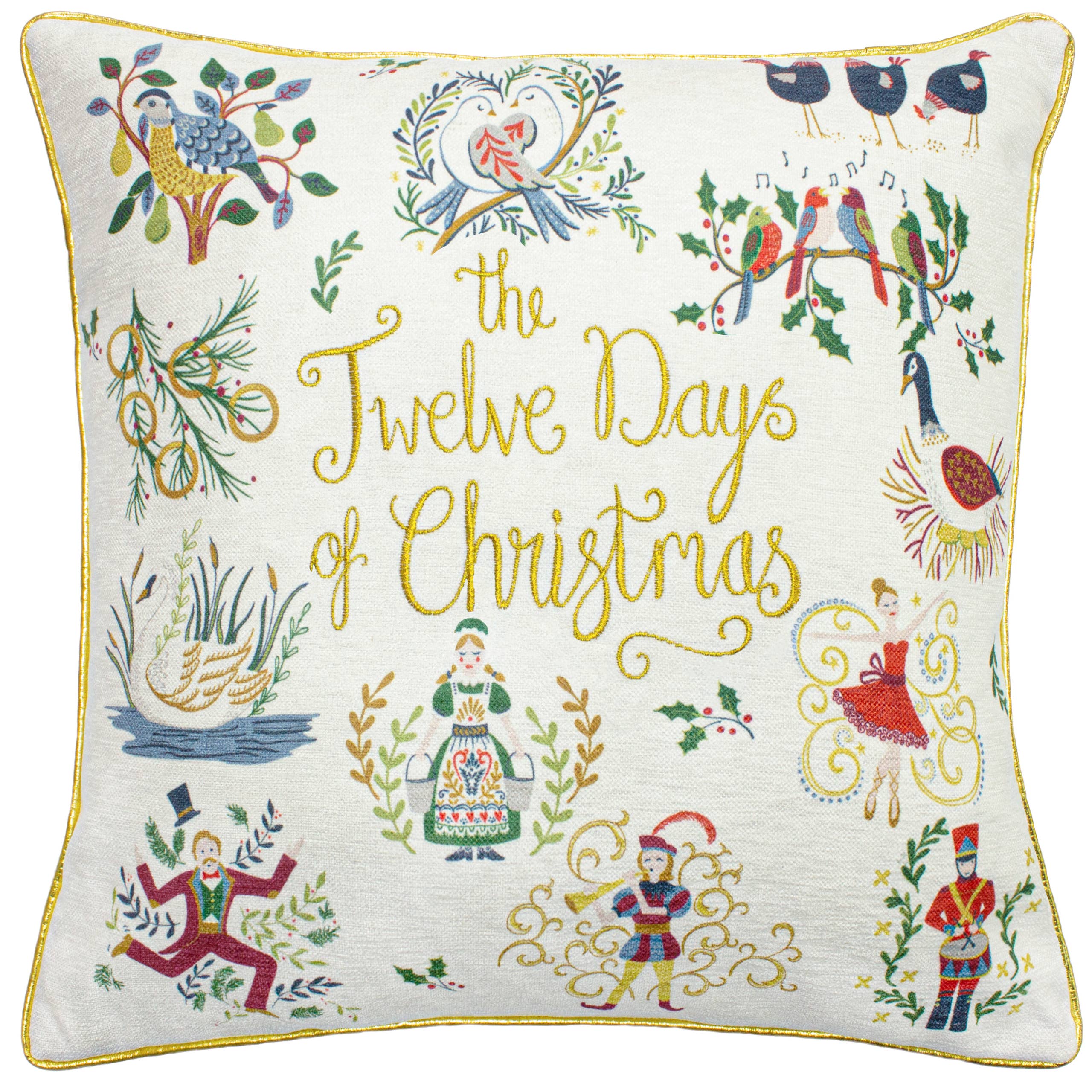 12 Days of Xmas Embroidered Cushion Gold for wholesale on Faire1