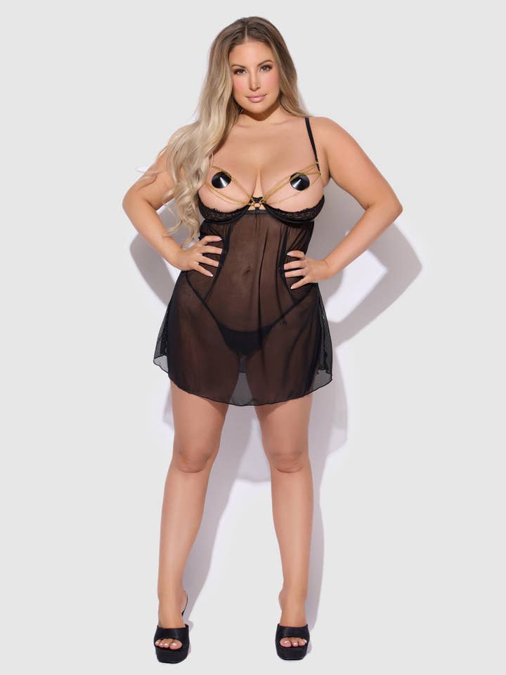 BLACK GOLD EVE LACE, CHAIN & MESH OPEN CUP BABYDOLL & G-STRING SET for wholesale on Faire