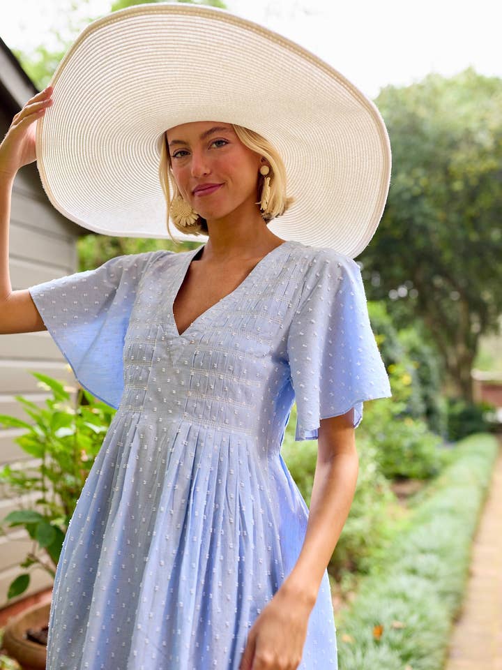 Mina Pleated Midi Dress - Indigo Swiss Dot for wholesale by Brooks Avenue