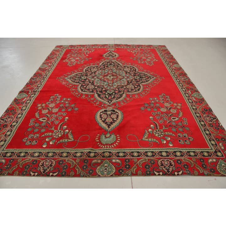 Tapis vintage surdimensionné 11,9x1 ft, tapis turc, tapis oriental en laine rouge et vert pour la vente par The Loom Wholesale