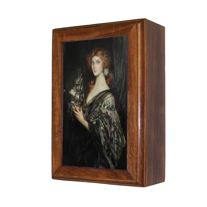 Scatola portagioie decorativa vintage in legno con donna e nave per la vendita all'ingrosso da parte di Madison Bay Co. - Historical Home Decor Reproductions