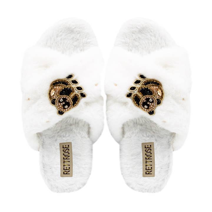 The Ember Cream Luxury Plush Diamanté Embellished Handmade Slipper | RETTROSE | for wholesale by RETTROSE