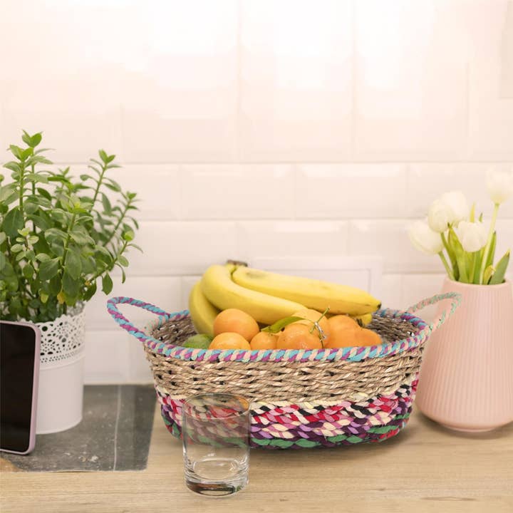 Young's - Wholesale Basket - Woven Kantha Oval Basket With Handles (SKU#: 13576)