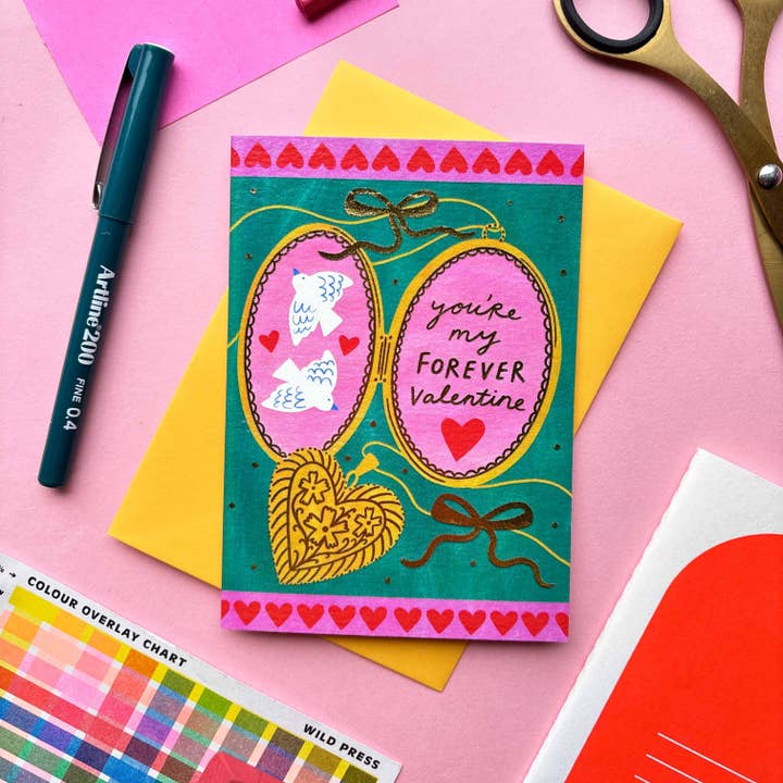 You're my forever valentine greetings card | Locket Gold Foil Necklace Keepsake Meaningful for wholesale by Kerrie Illustrates