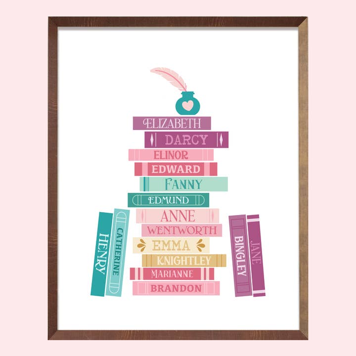 Impresión artística de pila de libros de personajes de Jane Austen para venta al por mayor de Chapter & Craft Studio