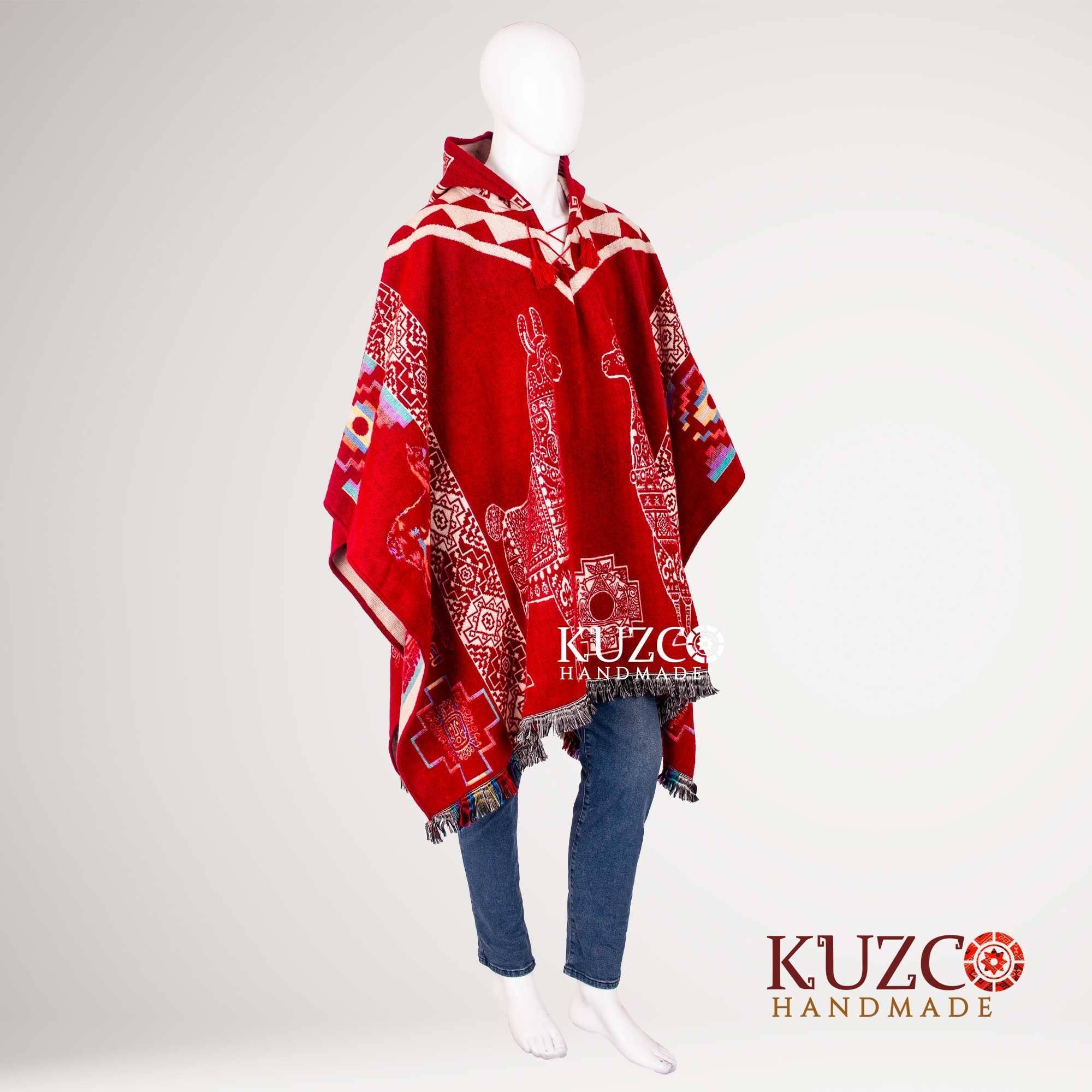 KuzcoHandmade - Wholesale Poncho - Unisex - Unisex Tribal Wool Alpaca Poncho with Geometric Hood