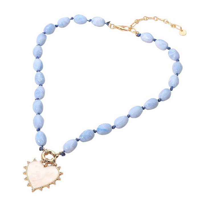 Sensibling Corp. – wholesale Pendant/charm necklace – Mother of Pearl Heart Pendant Marbled Resin Oval Beaded Necklace5