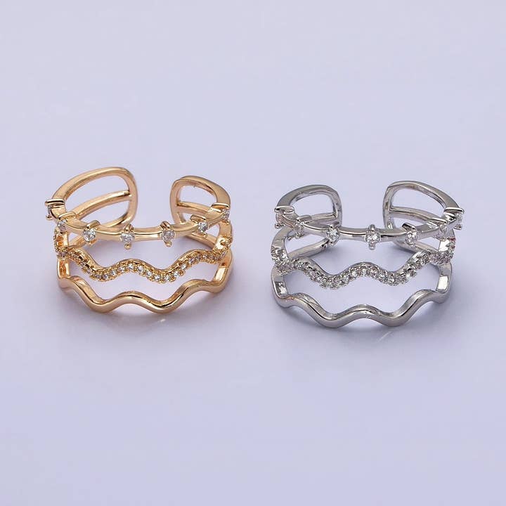Dainty Gold Wavy Ring Triple Layer Gold Ring adjustable Minimalist Jewelry Stackable R-092 AA-1249 for wholesale by Aim Eternal