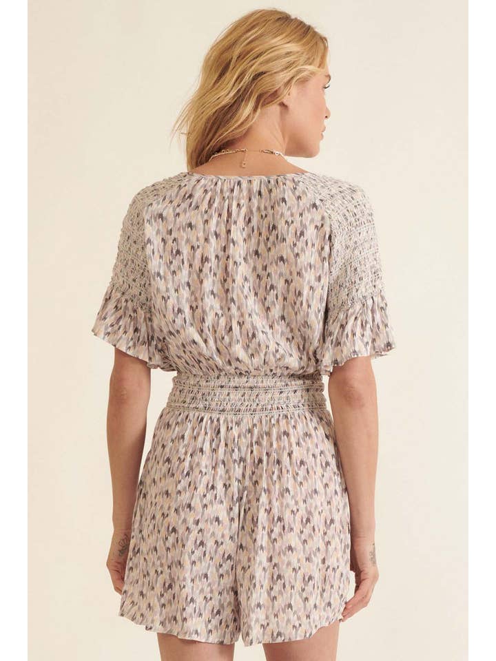 Grey Lavender Abstract-Print Ruffle Smocked-Sleeve Pocket Romper for wholesale on Faire