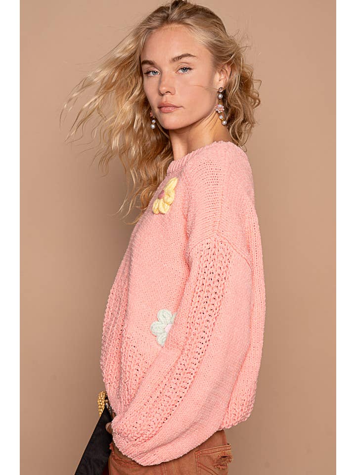 Pol Clothing - Wholesale Knit Sweater - Women's - Round neck balloon sleeve floral patches sweater SALE