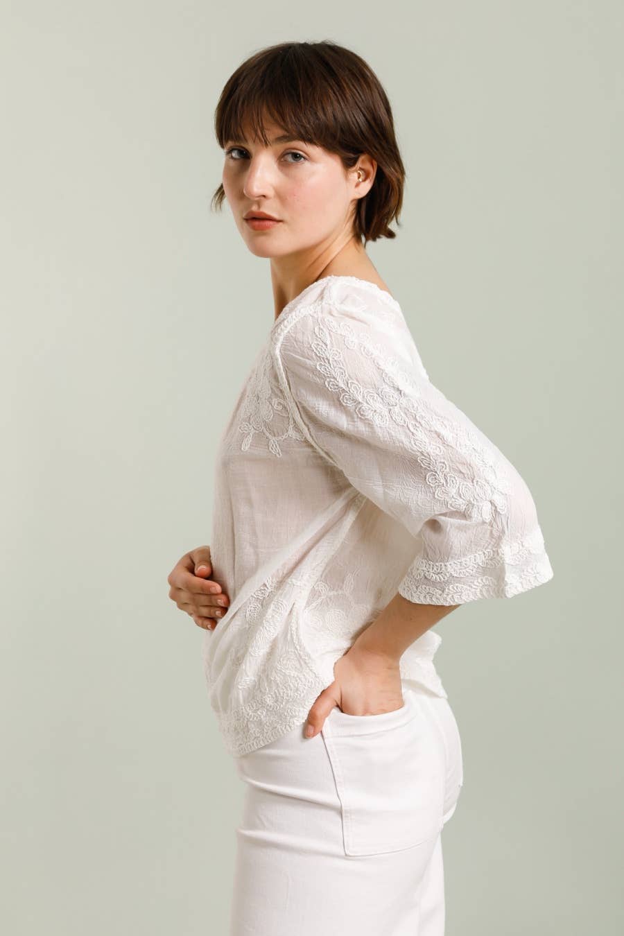 DIX-ONZE - Wholesale T-Shirt - Women's - Embroidered Top with 3/4 Sleeves – Lace Trim5