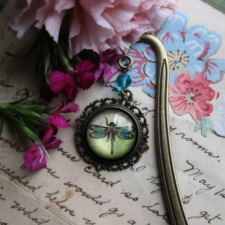 The Divine Iguana - Wholesale Bookmark - Dragonfly Vintage Inspired Glass Cabochon Bronze Bookmark4