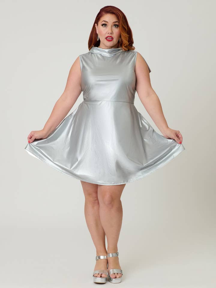 Smak Parlour Plus Size Silver Mock Turtleneck Fit & Flare Dress for wholesale by Unique Vintage