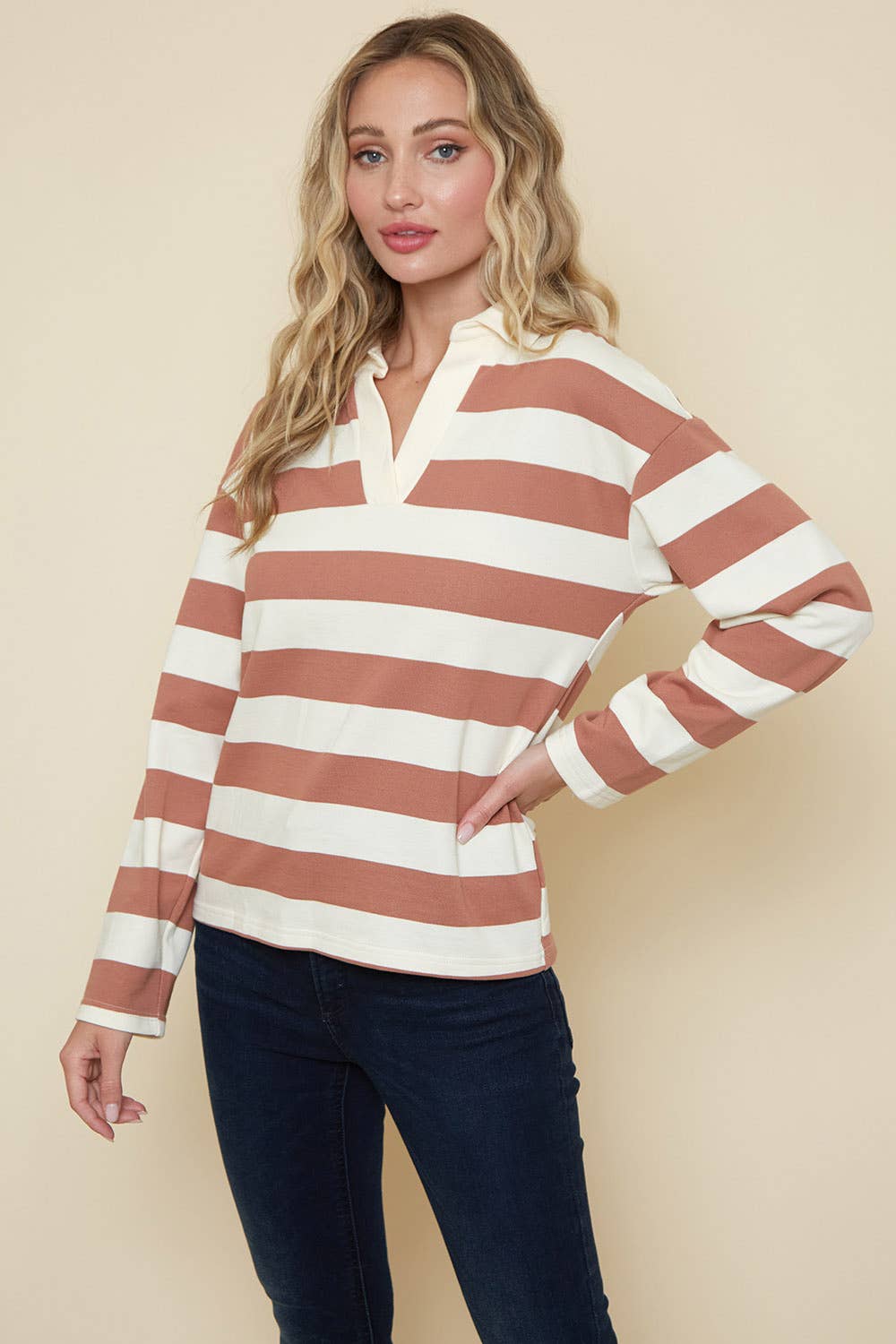 Saints & Hearts - Wholesale Knit Top - Women's - SIT3581B CREAM MAUVE COTTON YARN DYE RUGBY TOP4