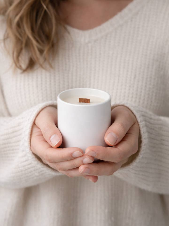 Scandinavian Soy Candle White Ceramic Jar | Wood Wick Candle for wholesale by MO moment