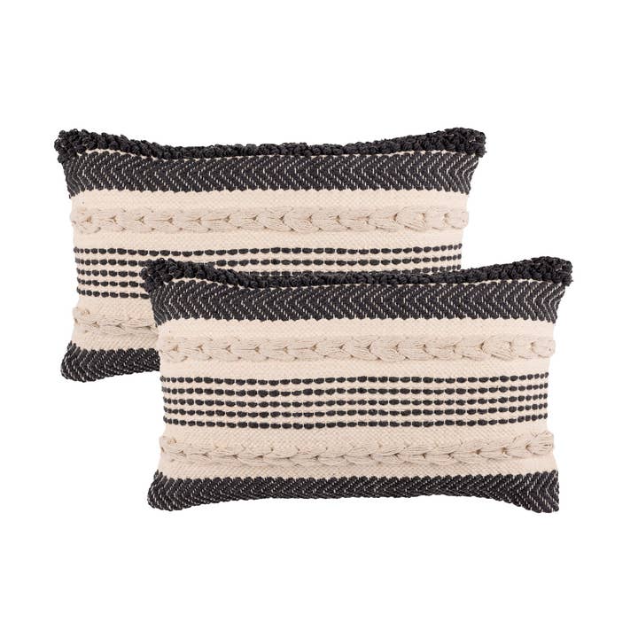 REDEARTH Boho Textured Throw Pillow Cushion Covers - Lumbar Woven Tufted Decorative Farmhouse Cases Set for Couch, Sofa, Bed, Chair, Dining, Patio 100% Cotton (12"x 20", Precis Descant Gray) Pack of 2 for wholesale by REDEARTH