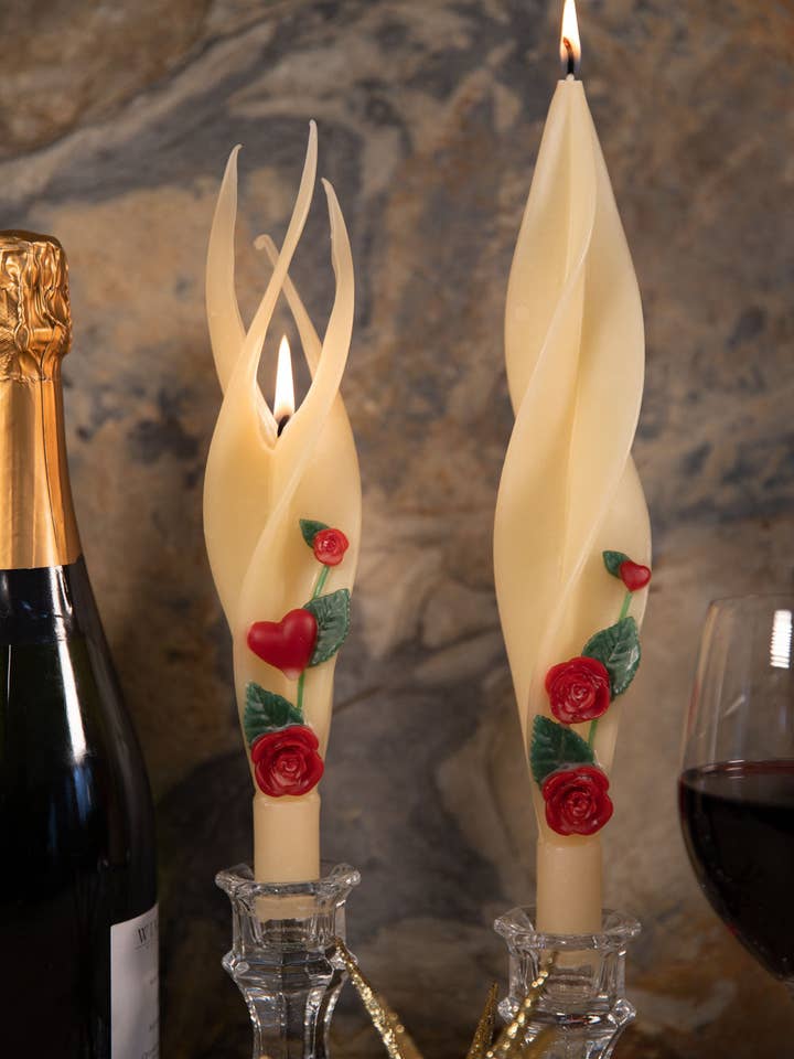 Hearts and Red Roses Silhouette Pair of Beeswax Candles for wholesale by Summerfield Candles