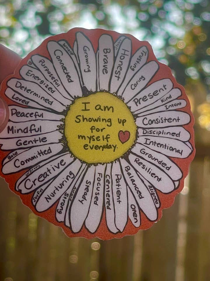 I Am Showing Up for Myself Everyday Sunflower Sticker – Positive Affirmation Vinyl Decal, Self Care Mental Health Motivation for wholesale by Color Crumbs Club