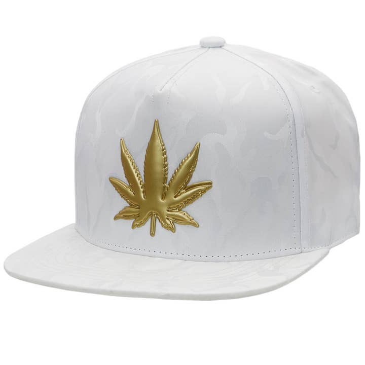 Cap Zone - Wholesale Flat Brim Cap - Men's - Gold Marijuana Leaf Embossed Camo Polyester Fabric Snapback6
