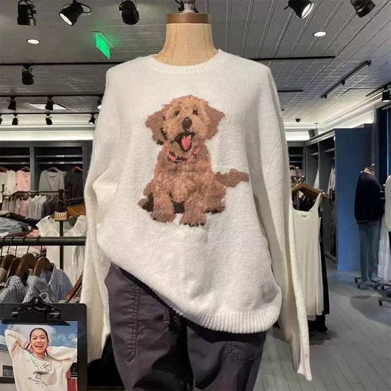 WHITE Puppy Print Loose Pullover Sweater for wholesale on Faire3