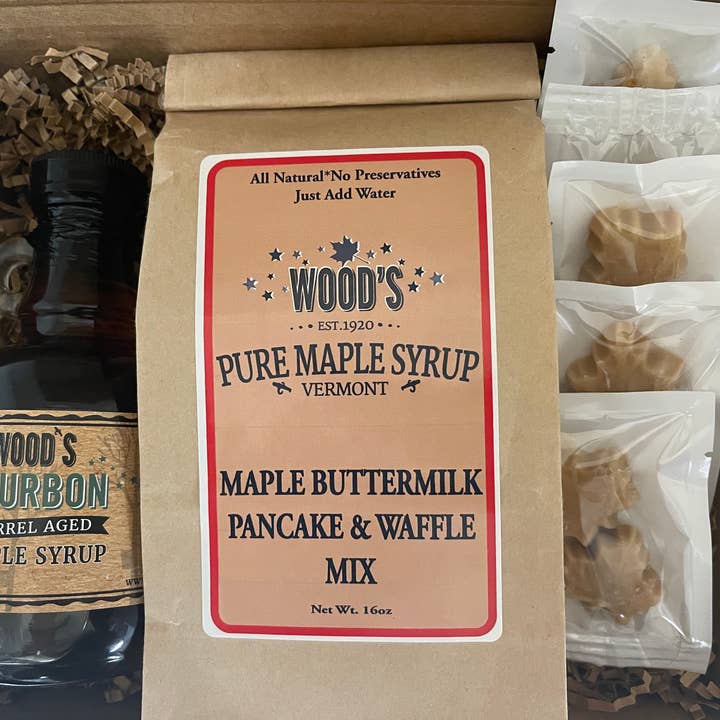 Bourbon Barrel Aged Syrup, 5 Maple Candies, Pancake Mix Box for wholesale by Wood's Syrup