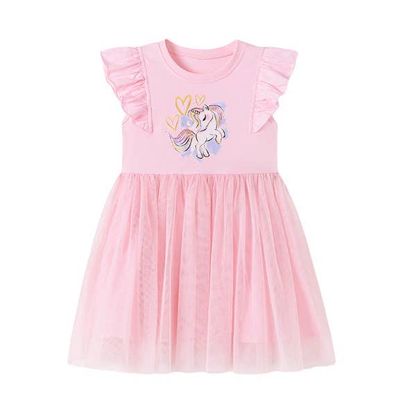 Robe à manches volantes en tulle patchwork avec motif licorne et étoiles pour filles élégantes. pour la vente par MyKids-USA®