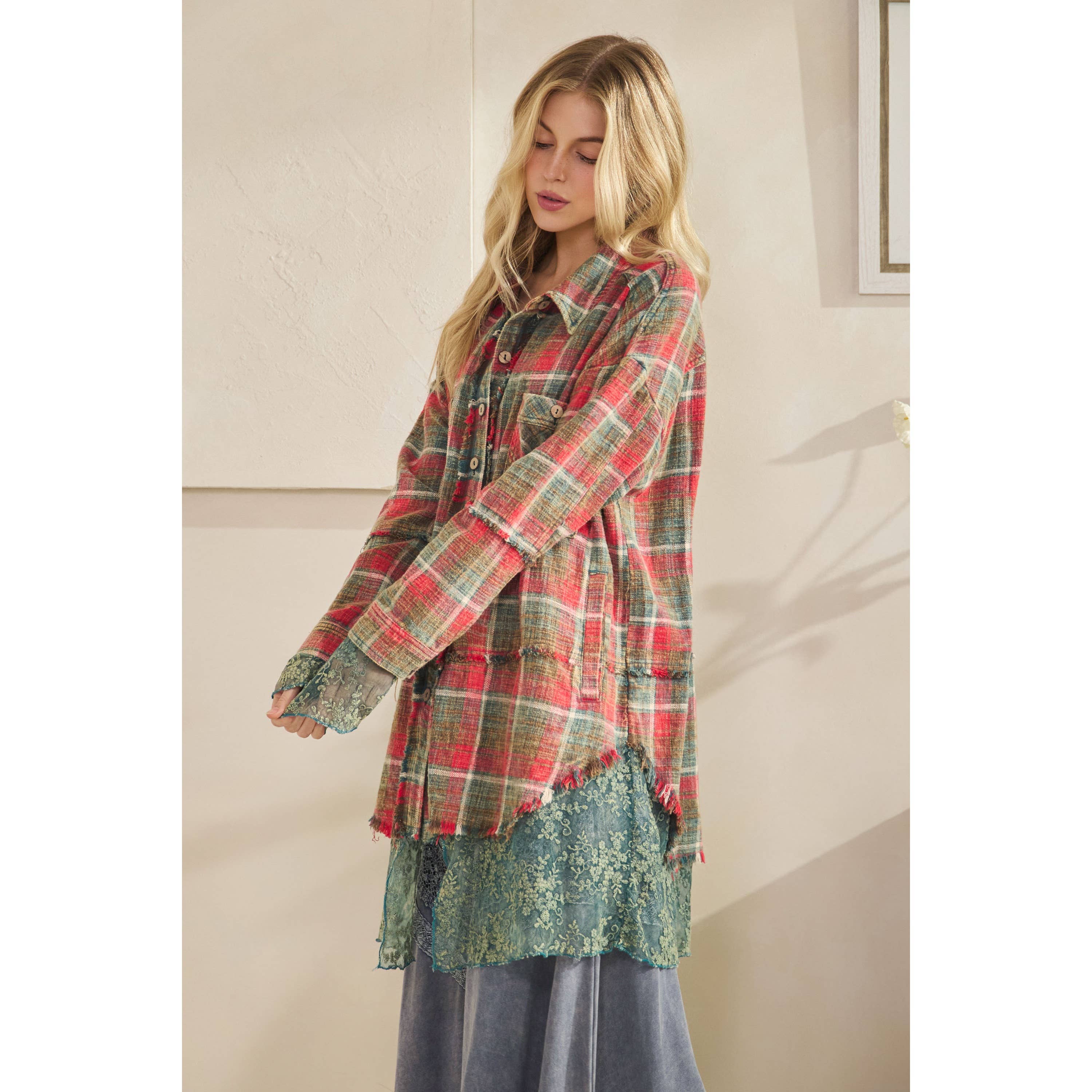 Oli&Hali - Wholesale Shirt Jacket/Shacket - Women's - WASHED PLAIDS AND EMBROIDERED MESH MIX SHACKETS5